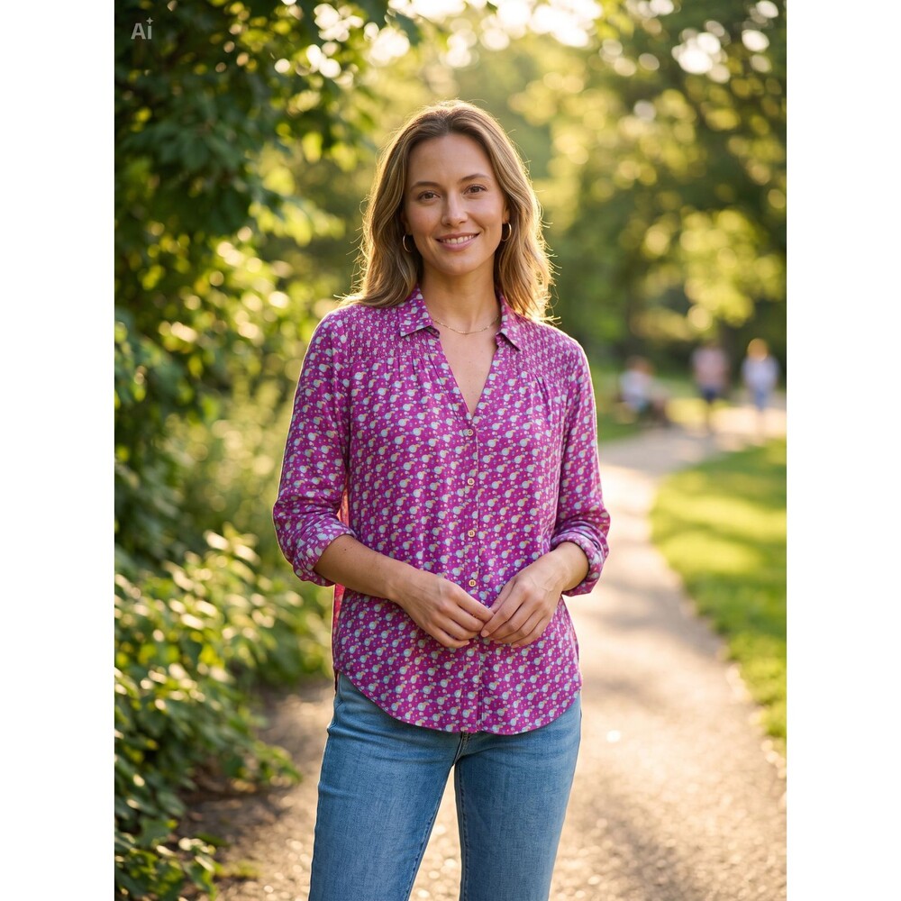 Anthropologie Maeve Purple & White Patterned Long Sleeve v neck  Blouse Size 6